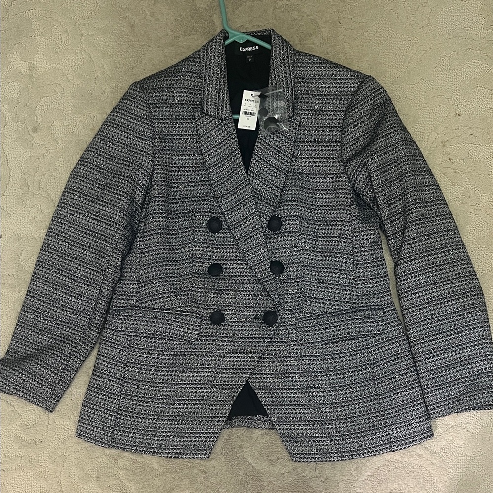 Express Women's Black & White Double-Breasted Tweed Blazer